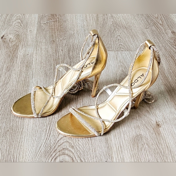 Size 8 ALDO Marly Gold Rhinestone Strappy Heels - Picture 6 of 10